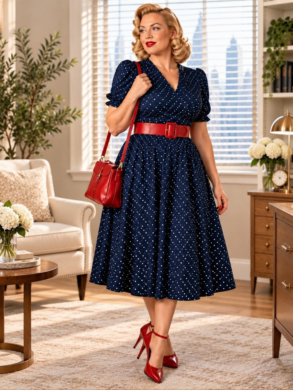 Modern Secretary Polka Dot Puff Sleeves Midi Dress Retro Office Day To Night